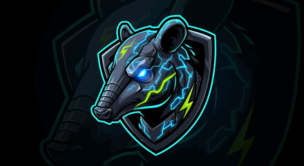 A futuristic head mascot with glowing blue eyes and neon accents on a dark background with a shield-like design.