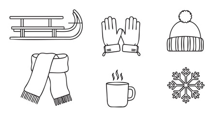 Simple graphic illustration set of winter essentials in a black outline style, featuring a sled, warm clothing, a steaming mug, and a snowflake symbol