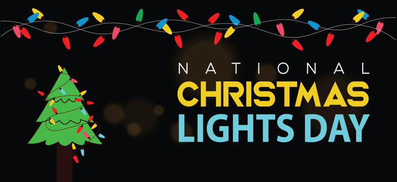 Celebrate Christmas Lights Day on December 1  illustration of colorful glowing trees with decorations and bold text on black background