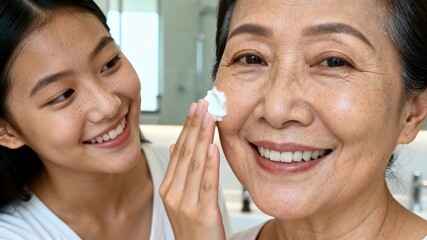 Happy Asian Daughter Applying Skincare Cream To Senior Mother Face