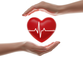 Hands protecting a heart with ekg line isolated on transparent background