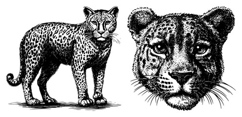 leopard side view and frontal head vintage engraved big cat vector
