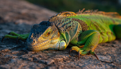 A close-up portrait of a vibrant green iguana relaxing on a rock, its detailed scales illuminated by the warm light of a golden sunset
