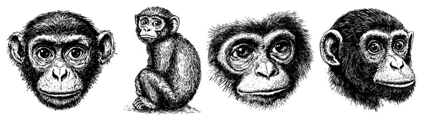 Baby chimpanzee faces and sitting monkey vintage engraved vector illustration © Anna