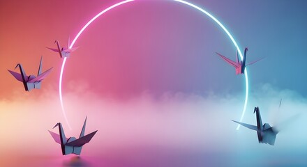Floating Origami Cranes in Electric Candy Fog