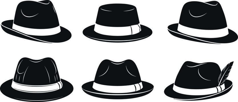 Set of Classic Fedora Hat Silhouettes, Featuring Various Styles and Shapes, Retro Fashion, Gangster, and Detective Headwear Vector Collection.