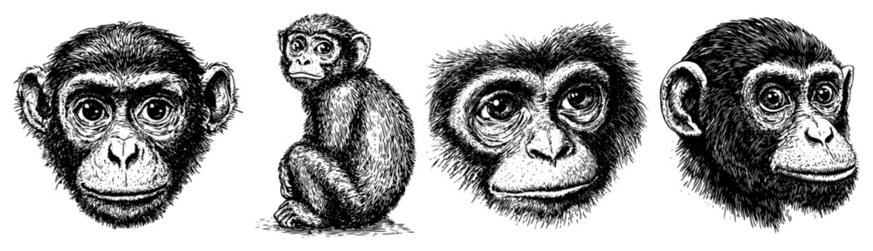 Baby chimpanzee faces and sitting monkey vintage engraved vector illustration