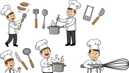 Chefs in silhouette preparing food with kitchen utensils and cooking equipment