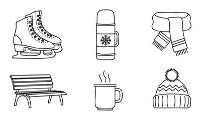 Collection of black and white line art icons representing winter essentials and activities, featuring ice skates, a thermos, a scarf, a park bench, a hot mug, and a knitted hat