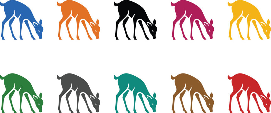 Colorful deer silhouettes grazing on white background, Multicolor deer grazing icon collection