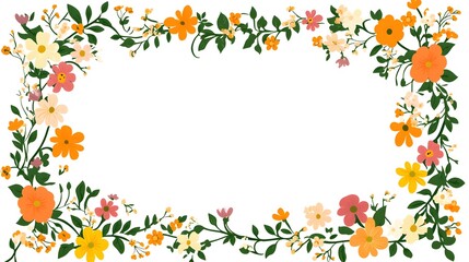 Fototapeta premium Colorful floral vine arrangement forms a decorative border around a central white copy space