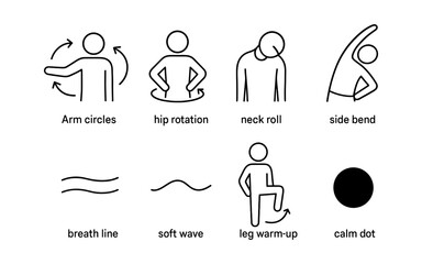 Simple exercise routine icons with minimalist black and white line art