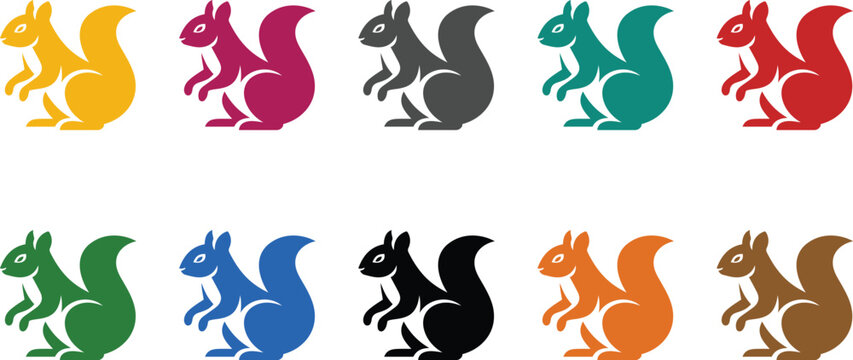 Colorful squirrel icons collection on white background, Multicolor squirrel silhouette icon set