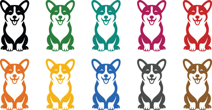 Smiling corgi dog icons in vibrant colors sitting pose, Colorful corgi puppy silhouette collection