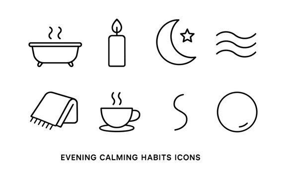 Minimalist evening relaxation icon set for calming habits and routines