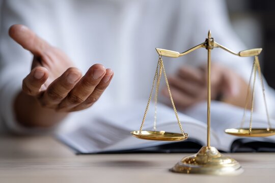 African American hand extends in discussion, golden scales of justice near open law book on wooden desk.