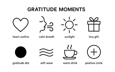 Gratitude icons: heart, breath, sunlight, gift, meditation symbols