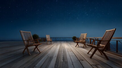 Fototapeta premium Wooden chairs sit on an illuminated deck at night under a vast starry sky overlooking a calm water horizon