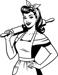 Retro housewife with rolling pin in black and white, Retro Woman Baking Illustration, Retro housewife with rolling pin in black and white