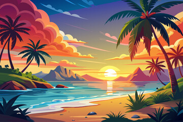 Obraz premium Tropical beach with palm trees during bright ocean sunrise and vibrant sunset colors, seamless beach scene with calm island atmosphere, warm horizon glow and 4K cinematic tropical landscape