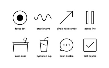 Minimalist productivity icons set featuring functional symbols for modern workspaces