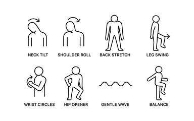 Simple line art of office stretches for desk workers: neck, shoulder, back, and leg exercises