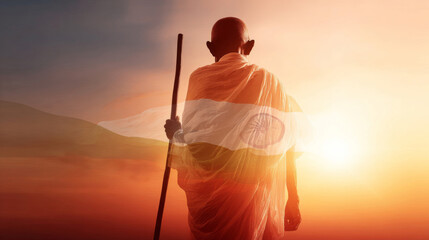 Silhouette of a leader with a staff against a sunset highlighting the essence of peace and non-violence in India
