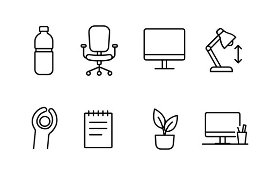 Minimalist line icons of office and workspace essentials for modern design