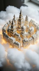 Miniature Cityscape Encircled by Clouds, Ethereal and Dreamlike Presentation