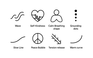 Simple icons for relaxation and mindfulness featuring peace, calm, and balance