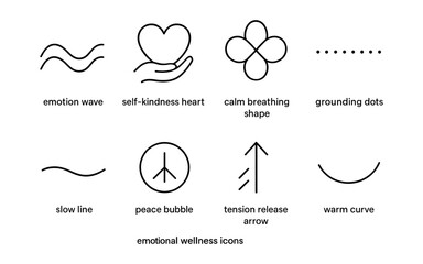 Minimalist emotional wellness icons: heart, peace, calm, and more