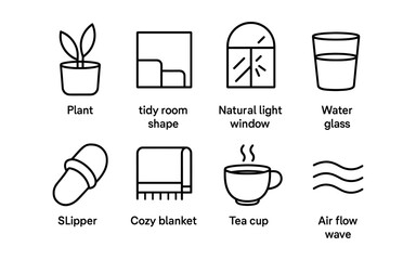 Cozy home essentials icons set featuring tea, plants, and comfort items