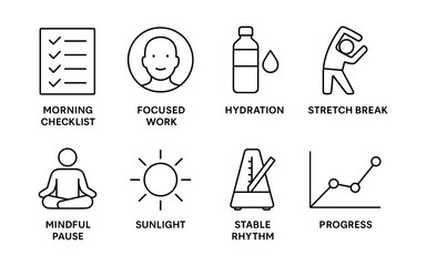 Icons for daily productivity: checklist, hydration, mindfulness, and more