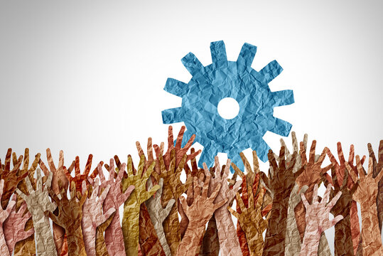 Global Business Unity as an interconnected team from around the world working together through shared skills technology  and cooperation in a unified world economy with paper hands and a gear or cog.