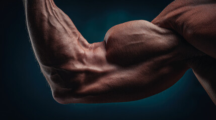 Close up of a muscular bicep flexing with sweat glistening on the skin against a dark background