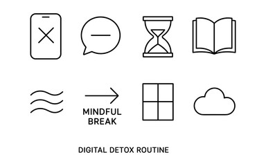 Minimalist icons for digital detox routine and mindfulness breaks