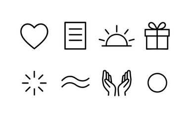 Simple line icons of heart, document, sunrise, gift, burst, waves, hands, circle