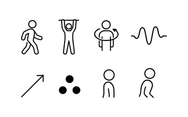 Simple linear exercise icons set with diverse physical activities in black outline