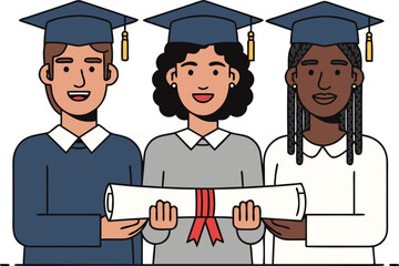 Obraz premium Three graduates in academic caps and robes are holding one large diploma. A symbol of collaboration, shared success, the 