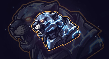 Illustration of a menacing black panther head mascot with glowing blue lightning and orange eyes against a dark background.
