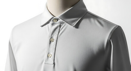 high-quality polo shirt mockup, smooth cotton texture, button and collar details visible, displayed on a mannequin with soft lighting to emphasize fabric depth, clean white background--v 6.1 --ar 16:9
