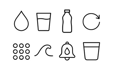 Minimalist icons of water, recycle, fluid waves, and notifications in linear style