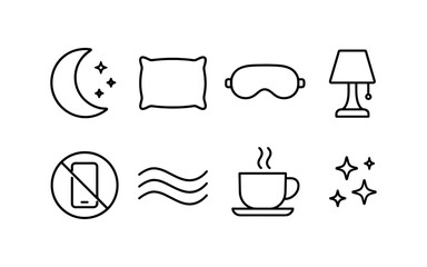 Sleep essentials icons: relaxing nighttime routine elements in line art style