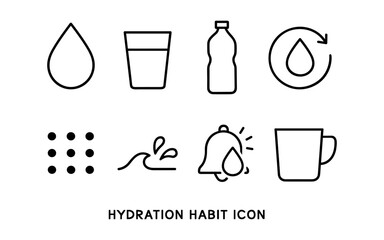 Hydration icons: water drop, bottle, reminder in linear style for healthy living