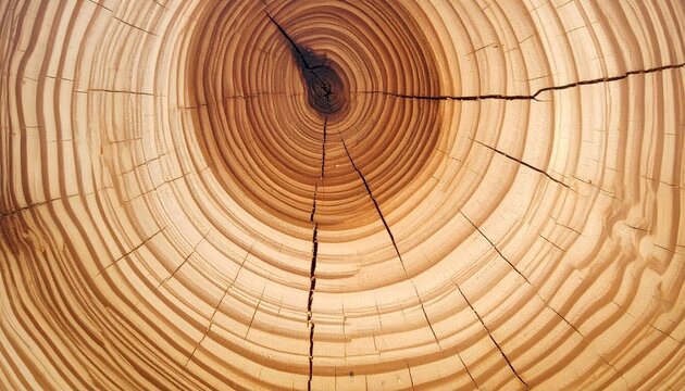 A detailed close-up of a tree trunk cross-section, revealing concentric annual growth rings, light sapwood, and a central heartwood area with radiating cracks. It represents nature, age