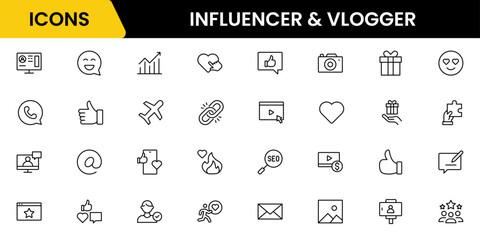 Influencer and blogging line icons collection. Big UI icon set in a flat design. Thin outline icons pack. Vector illustration