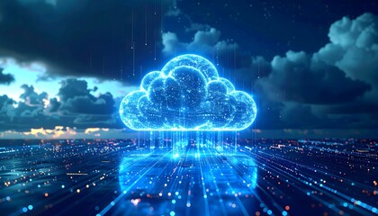 A glowing, digital cloud symbol hovering over a futuristic, sparkling cityscape, representing cloud computing, global data networks, and digital transformation.