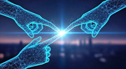 Four Virtual Hands Forming a Glowing Digital Bond With Low Poly Mesh and Blue Connections