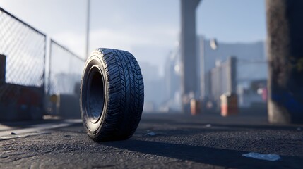 New dimpled tread tire prototype standing vertically on a street