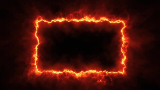 A glowing orange and red fiery energy frame with a dark center and smoky background.